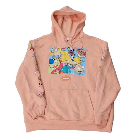 NICKELODEON Rugrats Hoodie Womens L Peach Hey Arnold Oversized Sweatshirt - Picture 1 of 11